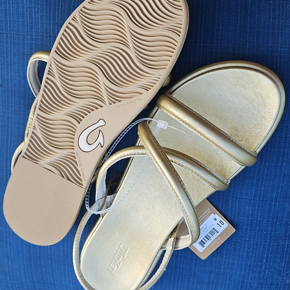 Sz 10- OluKai Tiare Leather Strappy Slingback Sandals In Bubbly Gold, EU40